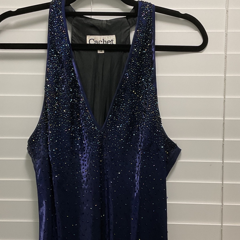 90’s Cachet deep purple iridescent Beaded V-Neck Evening Gown